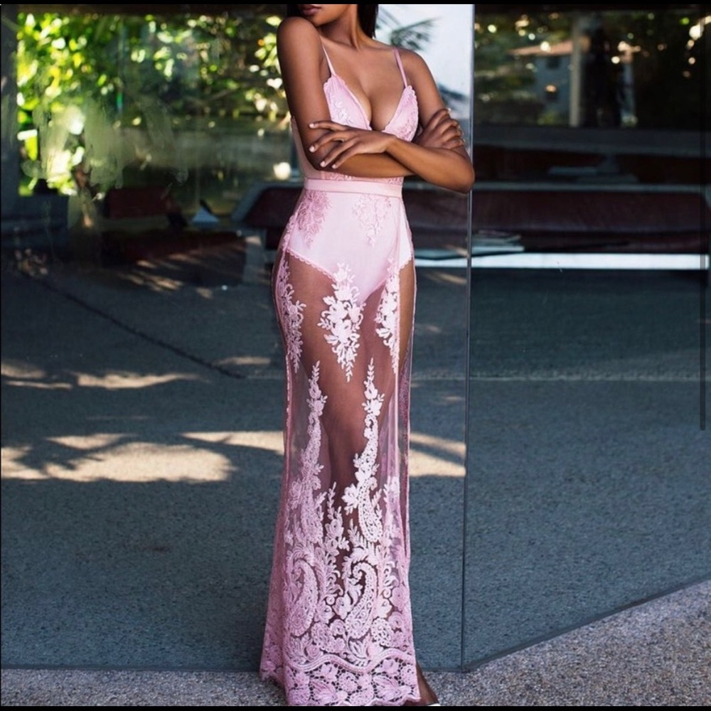 house of cb ‘Lucia' pink lace long dress